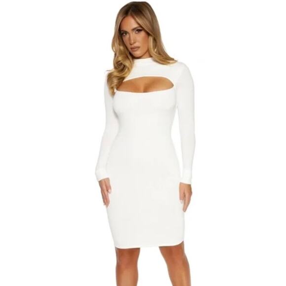 Naked Wardrobe Womens White High Neck Cut-Out Long Sleeve Dress Size Medium M - Picture 2 of 11
